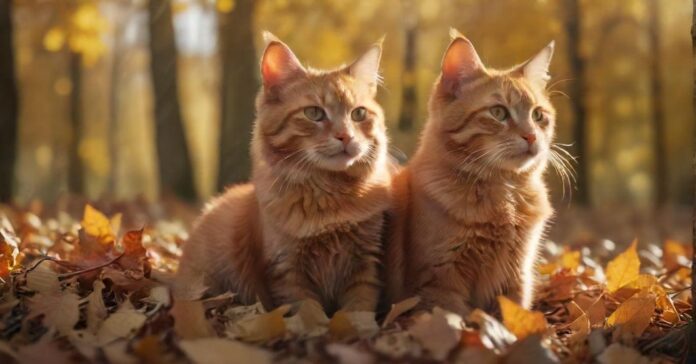 A hyperrealistic photograph of a ginger cat sitting in a pile of autumn leaves, sunlight filtering through trees, casting warm, golden hues. Soft focus background, no text. Depth of field.