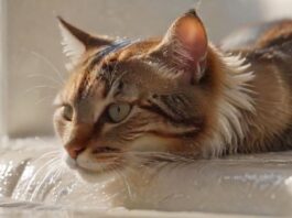 Hyperrealistic, photorealistic close-up: A beautiful domestic tabby cat lapping water from a white ceramic fountain indoors. Soft morning light highlights intricate fur texture, water ripples, and subtle reflections. Shallow depth of field blurs the background. Perfect anatomy, flawless rendering. Utterly lifelike, cinematic quality. No text, no letters. 8k resolution.