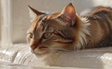 Hyperrealistic, photorealistic close-up: A beautiful domestic tabby cat lapping water from a white ceramic fountain indoors. Soft morning light highlights intricate fur texture, water ripples, and subtle reflections. Shallow depth of field blurs the background. Perfect anatomy, flawless rendering. Utterly lifelike, cinematic quality. No text, no letters. 8k resolution.