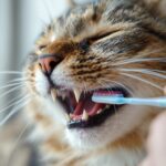 Hyperrealistic close-up of a gentle human hand brushing a tabby cat's teeth with a cat toothbrush. Focus on the cat's mouth, healthy gums, clean teeth. Soft window light, shallow depth of field, blurred background. No text.