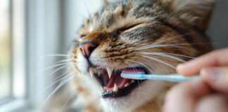 Hyperrealistic close-up of a gentle human hand brushing a tabby cat's teeth with a cat toothbrush. Focus on the cat's mouth, healthy gums, clean teeth. Soft window light, shallow depth of field, blurred background. No text.