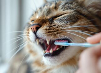 Katzen Zahnpflege: So schützen Sie die Zähne Ihrer Katze! Hyperrealistic close-up of a gentle human hand brushing a tabby cat's teeth with a cat toothbrush. Focus on the cat's mouth, healthy gums, clean teeth. Soft window light, shallow depth of field, blurred background. No text.