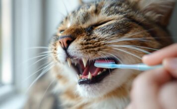 Hyperrealistic close-up of a gentle human hand brushing a tabby cat's teeth with a cat toothbrush. Focus on the cat's mouth, healthy gums, clean teeth. Soft window light, shallow depth of field, blurred background. No text.
