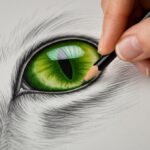 Extreme close-up, hyperrealistic photograph. A skilled hand delicately sketches the almond-shaped, vibrant green eye of a tabby cat with a sharp graphite pencil on textured paper. Intricate details of the iris, visible paper texture, and precise pencil strokes. Soft, diffused window light. Shallow depth of field, focus on the eye and pencil tip. No text, letters, or words in the image. Artefact-free, anatomically correct, perfect realism.