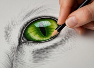 Extreme close-up, hyperrealistic photograph. A skilled hand delicately sketches the almond-shaped, vibrant green eye of a tabby cat with a sharp graphite pencil on textured paper. Intricate details of the iris, visible paper texture, and precise pencil strokes. Soft, diffused window light. Shallow depth of field, focus on the eye and pencil tip. No text, letters, or words in the image. Artefact-free, anatomically correct, perfect realism.