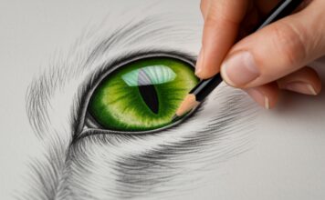 Katzen zeichnen lernen: So gelingt das perfekte Katzenbild! Extreme close-up, hyperrealistic photograph. A skilled hand delicately sketches the almond-shaped, vibrant green eye of a tabby cat with a sharp graphite pencil on textured paper. Intricate details of the iris, visible paper texture, and precise pencil strokes. Soft, diffused window light. Shallow depth of field, focus on the eye and pencil tip. No text, letters, or words in the image. Artefact-free, anatomically correct, perfect realism.