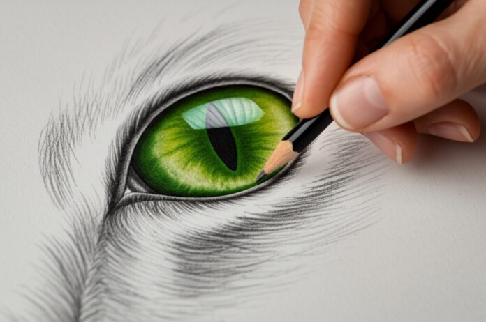 Extreme close-up, hyperrealistic photograph. A skilled hand delicately sketches the almond-shaped, vibrant green eye of a tabby cat with a sharp graphite pencil on textured paper. Intricate details of the iris, visible paper texture, and precise pencil strokes. Soft, diffused window light. Shallow depth of field, focus on the eye and pencil tip. No text, letters, or words in the image. Artefact-free, anatomically correct, perfect realism.