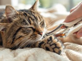 Hyperrealistic extreme close-up of a human hand carefully trimming the claws of a relaxed tabby cat with specialized clippers. Detailed fur texture, paw pads, sharp clippers, trimmed claws. Soft beige blanket, natural window light, soft shadows. Domestic setting. No text in image.