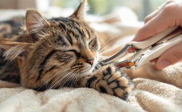 Katzenkrallen schneiden: So vermeiden Sie Verletzungen! Hyperrealistic extreme close-up of a human hand carefully trimming the claws of a relaxed tabby cat with specialized clippers. Detailed fur texture, paw pads, sharp clippers, trimmed claws. Soft beige blanket, natural window light, soft shadows. Domestic setting. No text in image.