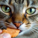 Katzenleckerlis: Kleine Belohnungen für große Schmuser! Hyperrealistic extreme close-up of a cross-eyed tabby cat face, focused on piercing green eyes and detailed whiskers, about to bite a salmon crunchy cat treat held millimeters away. Individual fur strands, subtle saliva thread, soft volumetric lighting, shallow depth of field. Photorealistic, no text, arteifact-free.