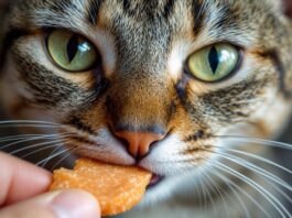 Hyperrealistic extreme close-up of a cross-eyed tabby cat face, focused on piercing green eyes and detailed whiskers, about to bite a salmon crunchy cat treat held millimeters away. Individual fur strands, subtle saliva thread, soft volumetric lighting, shallow depth of field. Photorealistic, no text, arteifact-free.