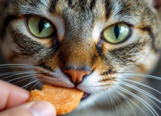 Katzenleckerlis: Kleine Belohnungen für große Schmuser! Hyperrealistic extreme close-up of a cross-eyed tabby cat face, focused on piercing green eyes and detailed whiskers, about to bite a salmon crunchy cat treat held millimeters away. Individual fur strands, subtle saliva thread, soft volumetric lighting, shallow depth of field. Photorealistic, no text, arteifact-free.