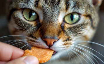 Hyperrealistic extreme close-up of a cross-eyed tabby cat face, focused on piercing green eyes and detailed whiskers, about to bite a salmon crunchy cat treat held millimeters away. Individual fur strands, subtle saliva thread, soft volumetric lighting, shallow depth of field. Photorealistic, no text, arteifact-free.