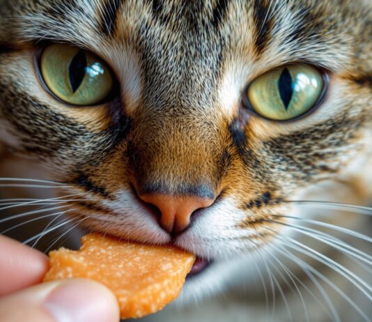 Hyperrealistic extreme close-up of a cross-eyed tabby cat face, focused on piercing green eyes and detailed whiskers, about to bite a salmon crunchy cat treat held millimeters away. Individual fur strands, subtle saliva thread, soft volumetric lighting, shallow depth of field. Photorealistic, no text, arteifact-free.
