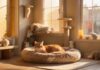 Katzenpension: So finden Sie die beste Betreuung für Ihre Katze! A cozy, upscale cat boarding facility room, with soft lighting, a plush cat bed, scratching posts, and various toys. Sunlight streams through a window, creating a warm, inviting atmosphere. The scene is hyperrealistic, with no visible people or text.