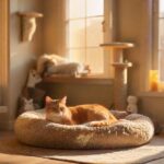 A cozy, upscale cat boarding facility room, with soft lighting, a plush cat bed, scratching posts, and various toys. Sunlight streams through a window, creating a warm, inviting atmosphere. The scene is hyperrealistic, with no visible people or text.