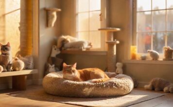 A cozy, upscale cat boarding facility room, with soft lighting, a plush cat bed, scratching posts, and various toys. Sunlight streams through a window, creating a warm, inviting atmosphere. The scene is hyperrealistic, with no visible people or text.