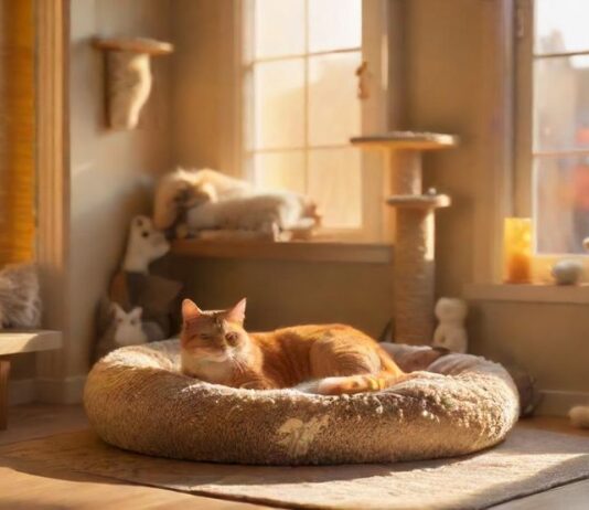 A cozy, upscale cat boarding facility room, with soft lighting, a plush cat bed, scratching posts, and various toys. Sunlight streams through a window, creating a warm, inviting atmosphere. The scene is hyperrealistic, with no visible people or text.