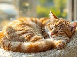 A ginger tabby cat, deeply asleep, curled on a plush, cream-colored window perch. Soft morning light streams through the window, illuminating dust motes in the air. Focus on the cat’s incredibly detailed fur, relaxed paws, and closed eyes. Shallow depth of field, blurred garden view outside. Hyperrealistic, photorealistic, no text.