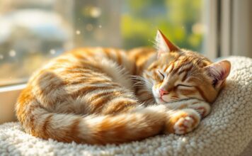 Katzenschlafplätze: Traumhafte Rückzugsorte für Samtpfoten! A ginger tabby cat, deeply asleep, curled on a plush, cream-colored window perch. Soft morning light streams through the window, illuminating dust motes in the air. Focus on the cat’s incredibly detailed fur, relaxed paws, and closed eyes. Shallow depth of field, blurred garden view outside. Hyperrealistic, photorealistic, no text.