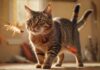 Katzenspiele: So wird Ihre Katze zum Spielprofi! A hyperrealistic close-up of a playful tabby cat batting at a colorful feather toy on a fishing rod, with a softly blurred background of a cozy living room. Intense focus and dynamic movement.
