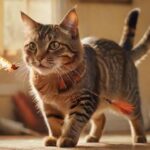 Katzenspiele: So wird Ihre Katze zum Spielprofi! A hyperrealistic close-up of a playful tabby cat batting at a colorful feather toy on a fishing rod, with a softly blurred background of a cozy living room. Intense focus and dynamic movement.
