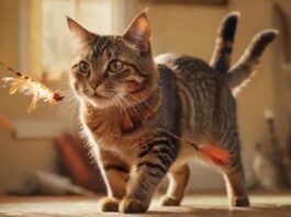 A hyperrealistic close-up of a playful tabby cat batting at a colorful feather toy on a fishing rod, with a softly blurred background of a cozy living room. Intense focus and dynamic movement.
