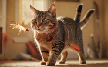 A hyperrealistic close-up of a playful tabby cat batting at a colorful feather toy on a fishing rod, with a softly blurred background of a cozy living room. Intense focus and dynamic movement.