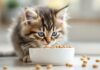 Hyperrealistic, extremely detailed close-up of a fluffy tabby kitten intensely focused on eating delicious kitten food from a white ceramic bowl on a bright kitchen floor. Soft, natural window light casting gentle shadows, highlighting fur texture and food kibble detail. Shallow depth of field, bokeh background, no text, artifact-free.