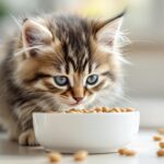 Hyperrealistic, extremely detailed close-up of a fluffy tabby kitten intensely focused on eating delicious kitten food from a white ceramic bowl on a bright kitchen floor. Soft, natural window light casting gentle shadows, highlighting fur texture and food kibble detail. Shallow depth of field, bokeh background, no text, artifact-free.