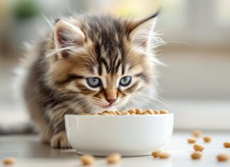 Hyperrealistic, extremely detailed close-up of a fluffy tabby kitten intensely focused on eating delicious kitten food from a white ceramic bowl on a bright kitchen floor. Soft, natural window light casting gentle shadows, highlighting fur texture and food kibble detail. Shallow depth of field, bokeh background, no text, artifact-free.