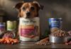 A hyperrealistic, close-up shot of various types of dog food, including dry kibble, wet food in a can, and raw food (meat and vegetables). Dramatic lighting highlights the textures. A blurred, healthy-looking dog in the background. No text.