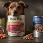 A hyperrealistic, close-up shot of various types of dog food, including dry kibble, wet food in a can, and raw food (meat and vegetables). Dramatic lighting highlights the textures. A blurred, healthy-looking dog in the background. No text.