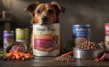 A hyperrealistic, close-up shot of various types of dog food, including dry kibble, wet food in a can, and raw food (meat and vegetables). Dramatic lighting highlights the textures. A blurred, healthy-looking dog in the background. No text.