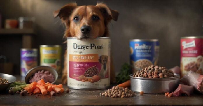 A hyperrealistic, close-up shot of various types of dog food, including dry kibble, wet food in a can, and raw food (meat and vegetables). Dramatic lighting highlights the textures. A blurred, healthy-looking dog in the background. No text.