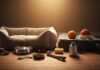 Hyperrealistic still life photograph of a dog starter kit in an inviting home environment. Includes a fluffy dog bed, leather leash and collar, stainless steel food bowls, colorful ball and chew toy, and grooming brush. Soft natural light, shallow depth of field, focus on detailed textures. No text, artefact-free, professional quality.