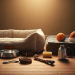 Kosten Hund Erstausstattung: So planen Sie Ihr Budget richtig! Hyperrealistic still life photograph of a dog starter kit in an inviting home environment. Includes a fluffy dog bed, leather leash and collar, stainless steel food bowls, colorful ball and chew toy, and grooming brush. Soft natural light, shallow depth of field, focus on detailed textures. No text, artefact-free, professional quality.