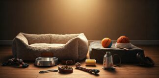 Hyperrealistic still life photograph of a dog starter kit in an inviting home environment. Includes a fluffy dog bed, leather leash and collar, stainless steel food bowls, colorful ball and chew toy, and grooming brush. Soft natural light, shallow depth of field, focus on detailed textures. No text, artefact-free, professional quality.