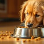 Kosten Hund Futter Marken: Der große Preisvergleich für Hundefutter! Hyperrealistic close-up photo of a happy golden retriever puppy intensely eating dry kibble from a clean stainless steel bowl. Warm kitchen floor with natural wood texture. Golden hour lighting, soft shadows, shallow depth of field. Sharp details of fur, eyes, and kibble. No text.