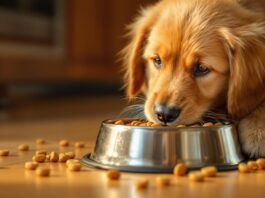 Hyperrealistic close-up photo of a happy golden retriever puppy intensely eating dry kibble from a clean stainless steel bowl. Warm kitchen floor with natural wood texture. Golden hour lighting, soft shadows, shallow depth of field. Sharp details of fur, eyes, and kibble. No text.