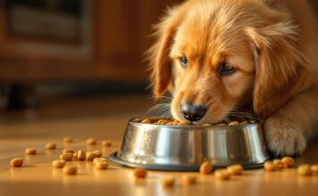 Kosten Hund Futter Marken: Der große Preisvergleich für Hundefutter! Hyperrealistic close-up photo of a happy golden retriever puppy intensely eating dry kibble from a clean stainless steel bowl. Warm kitchen floor with natural wood texture. Golden hour lighting, soft shadows, shallow depth of field. Sharp details of fur, eyes, and kibble. No text.