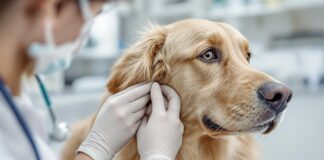 Hyperrealistic, detailed close-up photo: A caring veterinarian gently examines a golden retriever's ear in a bright, modern clinic. Focus on realistic fur texture, gentle hands, and sterile medical instruments. Soft, diffused lighting, shallow depth of field, professional photography. No text, artifact-free image.