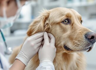 Kosten Hund Tierarzt: Was kommt finanziell auf Sie zu? Hyperrealistic, detailed close-up photo: A caring veterinarian gently examines a golden retriever's ear in a bright, modern clinic. Focus on realistic fur texture, gentle hands, and sterile medical instruments. Soft, diffused lighting, shallow depth of field, professional photography. No text, artifact-free image.