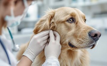 Hyperrealistic, detailed close-up photo: A caring veterinarian gently examines a golden retriever's ear in a bright, modern clinic. Focus on realistic fur texture, gentle hands, and sterile medical instruments. Soft, diffused lighting, shallow depth of field, professional photography. No text, artifact-free image.