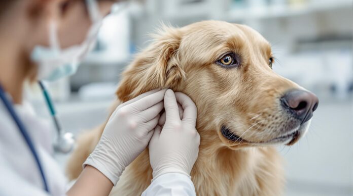 Hyperrealistic, detailed close-up photo: A caring veterinarian gently examines a golden retriever's ear in a bright, modern clinic. Focus on realistic fur texture, gentle hands, and sterile medical instruments. Soft, diffused lighting, shallow depth of field, professional photography. No text, artifact-free image.