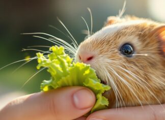 Extreme close-up, hyperrealistic portrait of a guinea pig gently nibbling fresh green lettuce from a human hand. Soft sunlight, shallow depth of field focusing on whiskers and eyes. Intricate fur, realistic skin, vibrant lettuce. Artifact-free, no text.