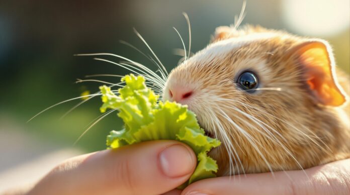 Extreme close-up, hyperrealistic portrait of a guinea pig gently nibbling fresh green lettuce from a human hand. Soft sunlight, shallow depth of field focusing on whiskers and eyes. Intricate fur, realistic skin, vibrant lettuce. Artifact-free, no text.