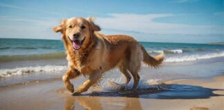 A golden retriever joyfully runs on a sunny, sandy beach along the Baltic Sea, splashing in the shallow turquoise water. Dramatic sunlight, wet sand, clear blue sky, hyperrealistic detail, no text.