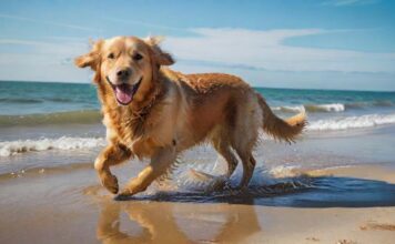 Mit dem Hund an die Ostsee: Tipps für den perfekten Urlaub! A golden retriever joyfully runs on a sunny, sandy beach along the Baltic Sea, splashing in the shallow turquoise water. Dramatic sunlight, wet sand, clear blue sky, hyperrealistic detail, no text.