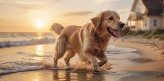 A golden retriever happily running on a sandy beach at the Baltic Sea, splashing through shallow water, with a blurred background of a traditional German beach house, soft golden sunset lighting, hyperrealistic, no text